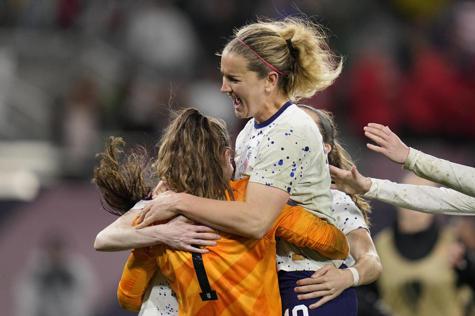 United States' Lindsey Horan, above, celebrates with teammates at the end of the penalty shootout in a CONCACAF Gold Cup women's soccer tournament semifinal match against Canada, Wednesday, March 6, 2024, in San Diego. (AP Photo/Gregory Bull)