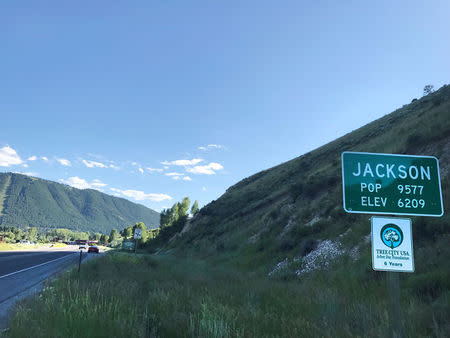 A road sign greets travellers on the side of Highway 89 in Jackson, Wyoming, U.S. July 12, 2017. Picture taken July 12, 2017. REUTERS/Ann Saphir