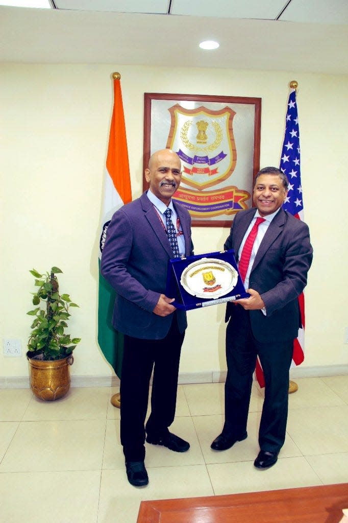 U.S. drug czar Dr. Rahul Gupta (right) visits New Delhi to formalize a partnership with India officials, including Narcotics Control Bureau director Satya Narayan Pradhan (left) to target dangerous chemicals illegally sent to Mexico to make deadly drugs that end up in the U.S.