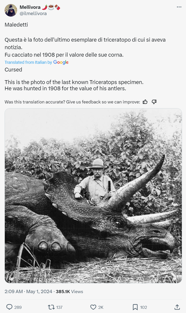 Teddy Roosevelt photographed with last known triceratops