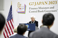 U.S. Treasury Secretary Janet Yellen speaks during a press conference, at the G7 meeting of Finance Ministers and Central Bank Governors, at Toki Messe in Niigata, Japan, Thursday, May 11, 2023. (AP Photo/Shuji Kajiyama, Pool)