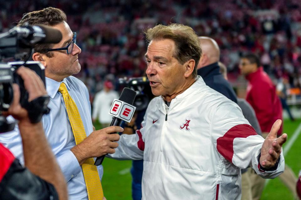 Alabama head coach Nick Saban talks with ESPN after a game against Arkansas on Oct. 26, 2019 in Tuscaloosa, Alabama.