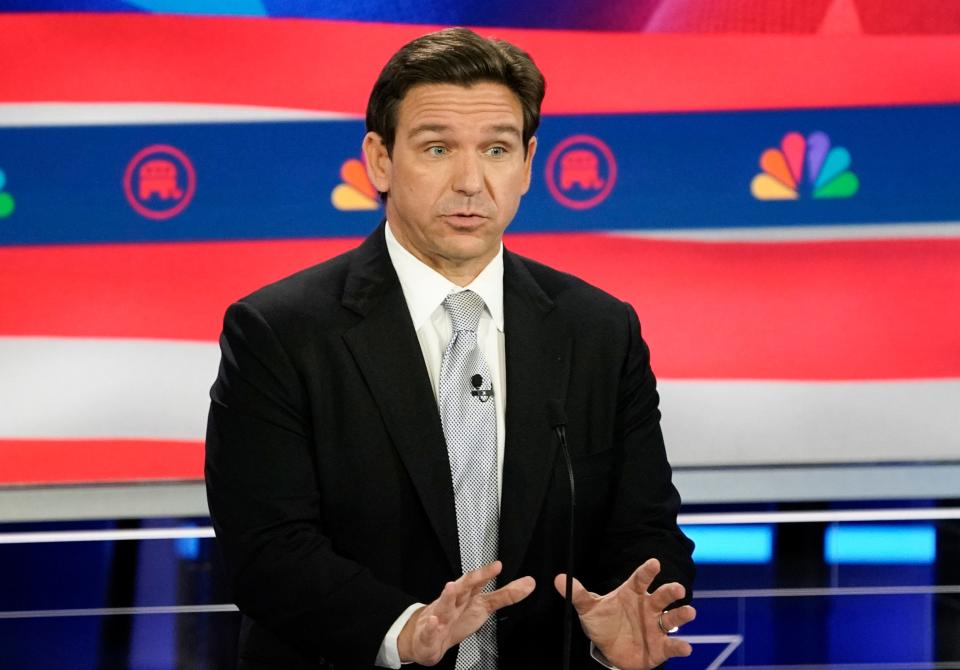 Nov 8, 2023; Miami, FL, USA; Florida Gov. Ron DeSantis during the Republican National Committee presidential primary debate hosted by NBC News at Adrienne Arsht Center for the Performing Arts of Miami-Dade County.. Mandatory Credit: Jonah Hinebaugh-USA TODAY