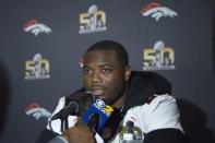 February 4, 2016; Santa Clara, CA, USA; Denver Broncos running back C.J. Anderson (22) addresses the media during a press conference prior to Super Bowl 50 at Santa Clara Marriott. Mandatory Credit: Kyle Terada-USA TODAY Sports