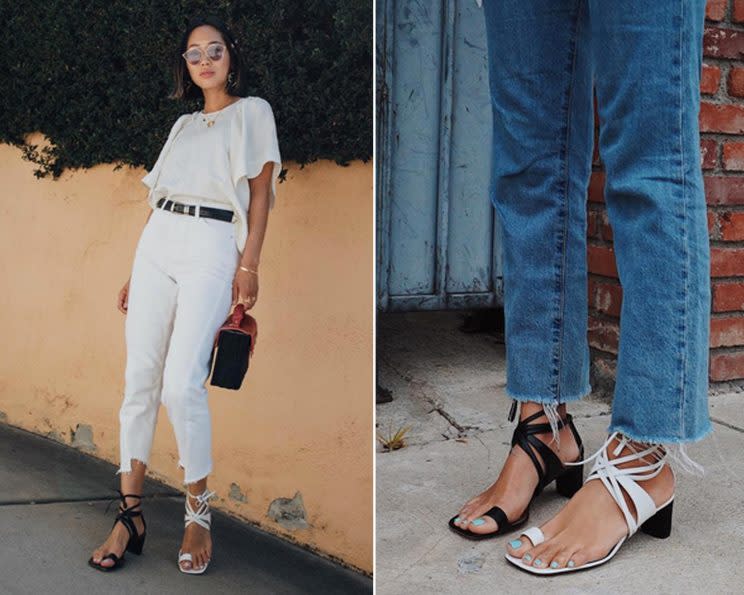 Bloggerin Aimee Song liebt ihre schwarzen und weißen Sandaletten von Céline. (Bild: Instagram / Songofstyle)