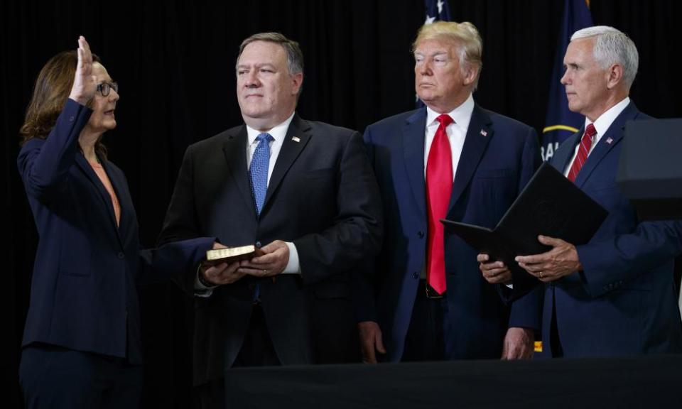 Mike Pompeo, second from left, at the swearing-in of Gina Haspel as the new CIA director on Monday. Trump and Mike Pence look on.