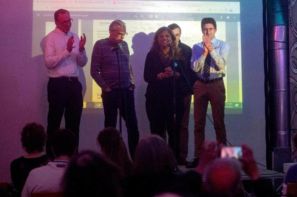 Nalini Krishnankutty and fellow State College Borough Council Democratic candidates thank supporters during the Centre County Democrats' Election Night party on Tuesday, Nov. 7, 2023 at 3 Dots Downtown.