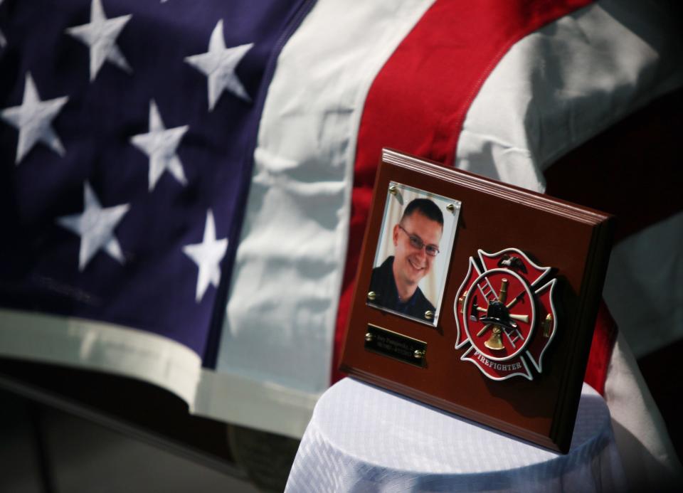 The casket of Joey Pustejovsky of the West Volunteer Fire Department is shown at the West memorial service at Baylor University on April 25, 2013 in Waco, Texas.