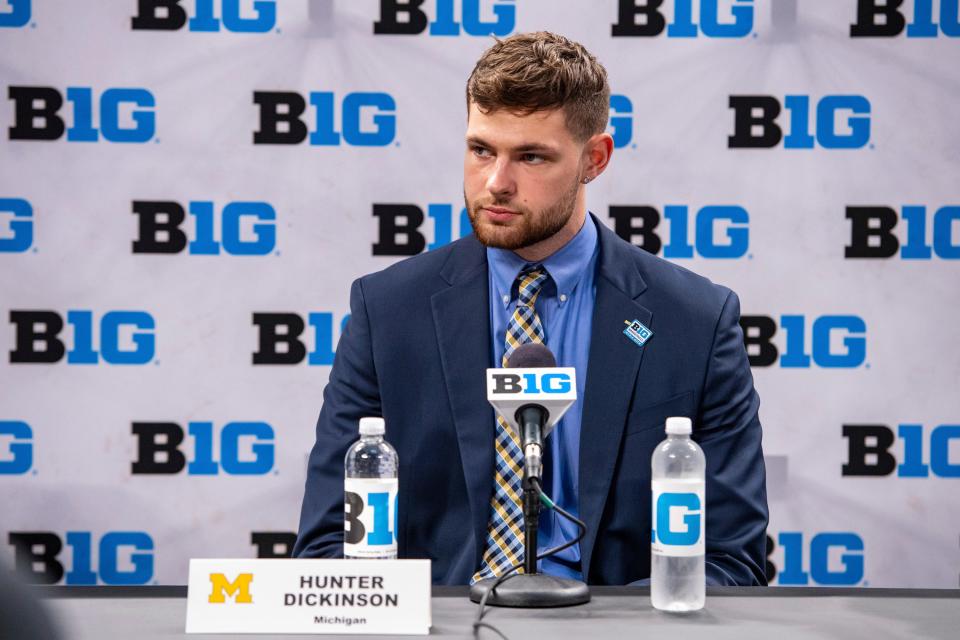 Michigan's Hunter Dickinson addresses the media during the first day of the Big Ten basketball media days, Thursday, Oct. 7, 2021, in Indianapolis.
