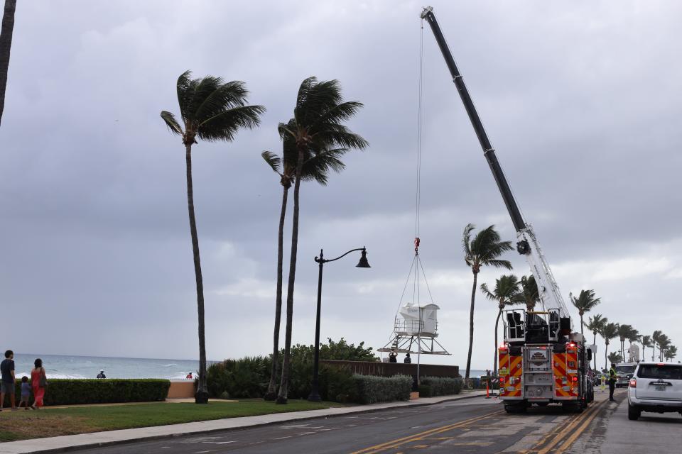 Traffic was backed up along South Ocean Boulevard Tuesday morning as the town removed lifeguard stands from beach in advance of Subtropical Storm Nicole.