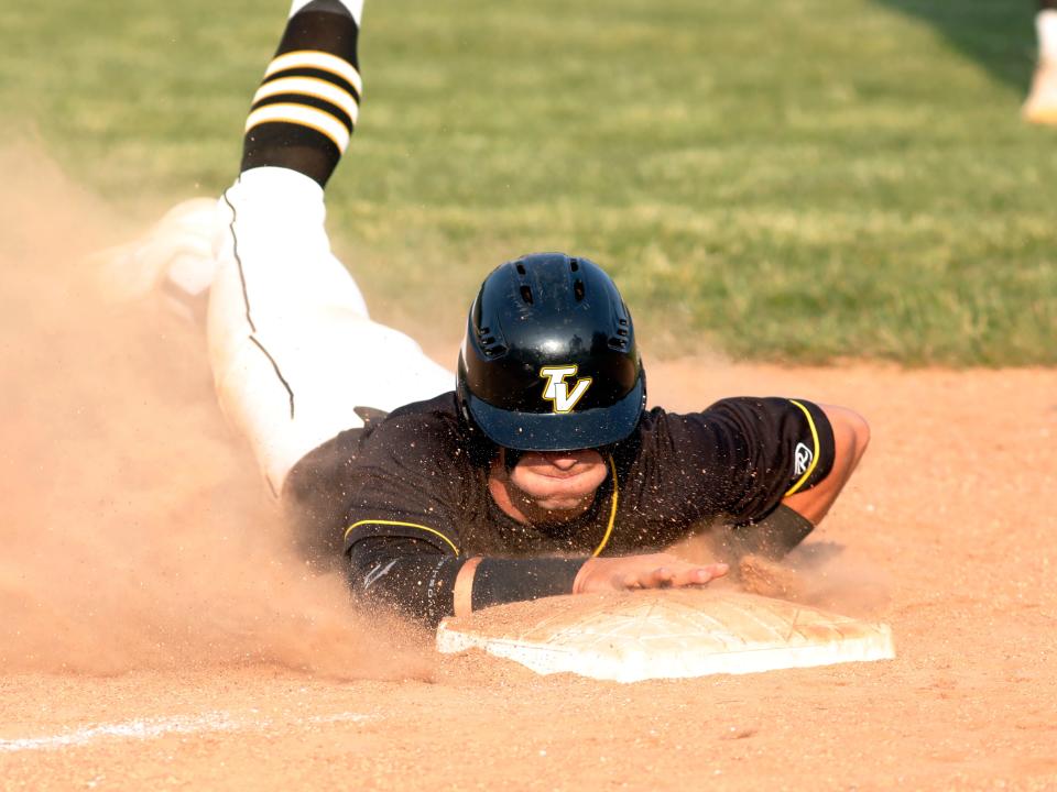 Nate Better dives into third base during the seventh inning of Tri-Valley's 5-4 loss to New Philadelphia on May 24, 2023, at Lake Park in Coshocton. Better is among the top Muskingum Valley League players returning this season.