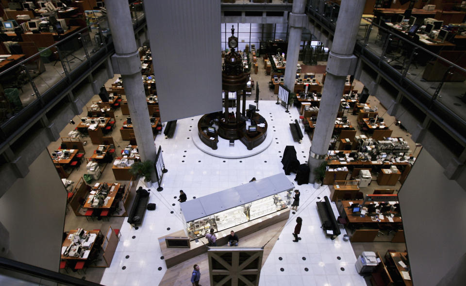 LONDON - SEPTEMBER 14:  A general view is seen of the Underwriters floor of the Lloyds Building September 14, 2005 in London. Lloyd's of London could be facing a bill as high as GBP1.4 billion (USD2.5 billion) according to provisional estimates of insured losses. The exact cost is not likely to be known for some time, although Lloyd's claim the loss is containable. (Photo by Bruno Vincent/Getty Images)