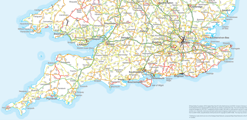 High-risk roads, highlighted in black, across the south of the country (Road Safety Foundation)