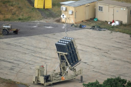 Israeli Iron Dome defence system, designed to intercept and destroy incoming short-range rockets and artillery shells, stands near the Syrian border in the Israeli-annexed Golan Heights on May 9, 2018