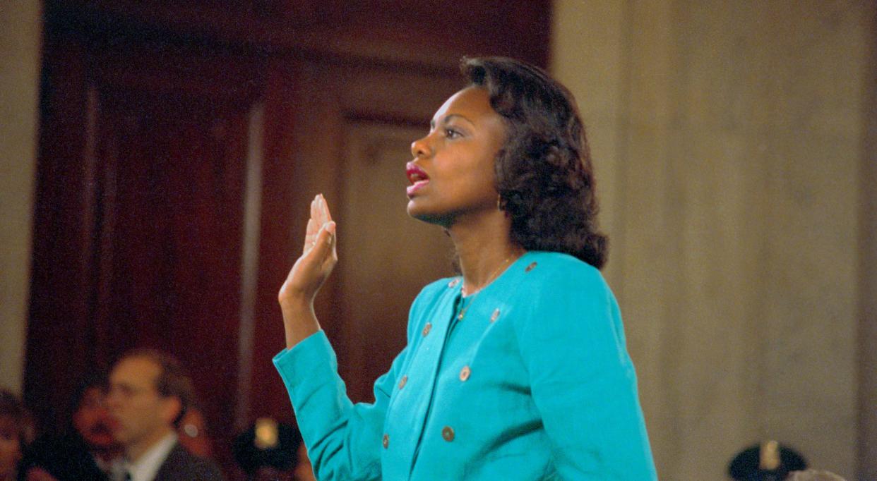 Anita Hill is sworn in before testifying at the Senate Judiciary Committee hearing on Clarence Thomas in 1991. (Photo: Bettmann via Getty Images)