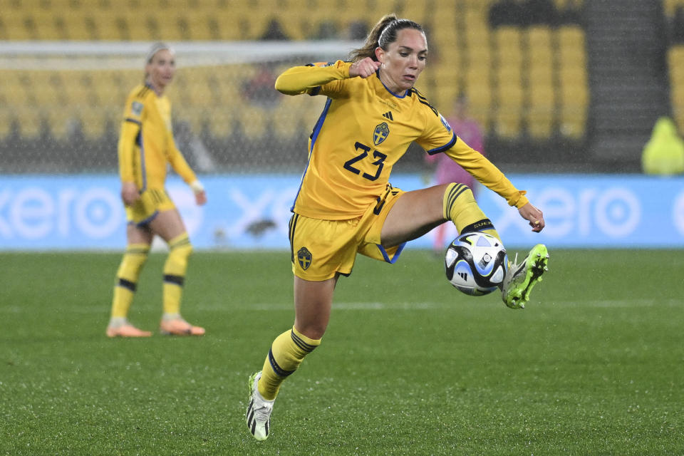 Sweden's Elin Rubensson attempts to control the ball during the Women's World Cup Group G soccer match between Sweden and South Africa in Wellington, New Zealand, Sunday, July 23, 2023. (AP Photo/Andrew Cornaga)