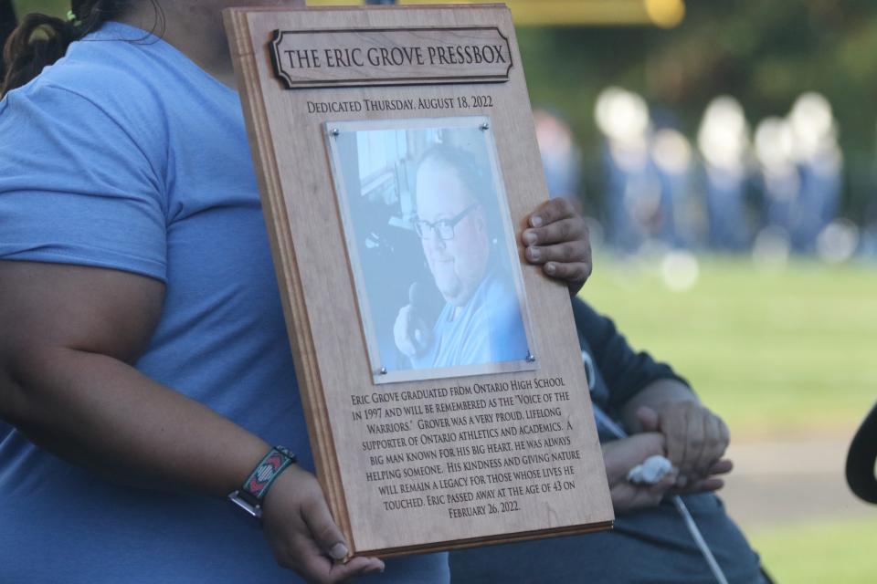 A plaque honoring the late Eric Grove was presented before kickoff of Ontario's Week 1 game against Lexington on Thursday.