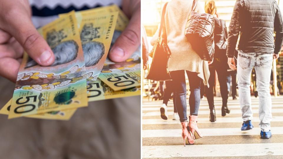 Pictured: Australian cash, Australian pedestrians. Income tax concept. Images: Getty