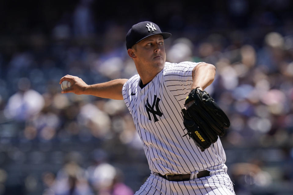 New York Yankees starting pitcher Jameson Taillon throws during the first inning of a baseball game against the Oakland Athletics at Yankee Stadium, Wednesday, June 29, 2022, in New York. (AP Photo/Seth Wenig)