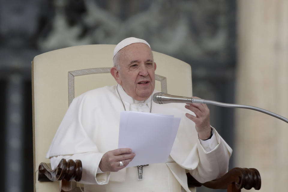 FILE - In this Feb. 26, 2020 file photo, Pope Francis gives his speech during his weekly general audience in St. Peter's Square at the Vatican. The Vatican on Saturday, Feb. 29, 2020 released a speech by Pope Francis where told the scandal-marred Legion of Christ religious order it still has a long road of reform ahead, making clear that 10 years of Vatican-mandated oversight didn’t purge it of the toxic influences of its pedophile founder. (AP Photo/Alessandra Tarantino)