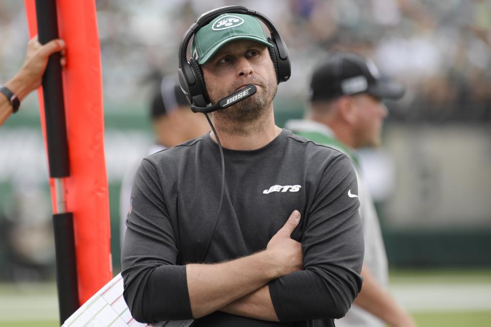 FILE- In this Sunday, Sept. 8, 2019, file photo, New York Jets head coach Adam Gase looks at the scoreboard during the second half of an NFL football game against the Buffalo Bills in East Rutherford, N.J. You can take that "any given Sunday" bromide and toss it out with some of Case Keenum's interceptions. So far in 2019, there is a Grand Canyon of separation between the contenders and everybody else. (AP Photo/Bill Kostroun, File)