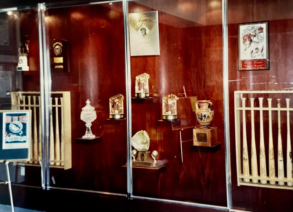 Many of Pete Rose's memorabilia, including three World Series championship trophies, were on display at The Pete Rose Ballpark Cafe in Boca Raton.