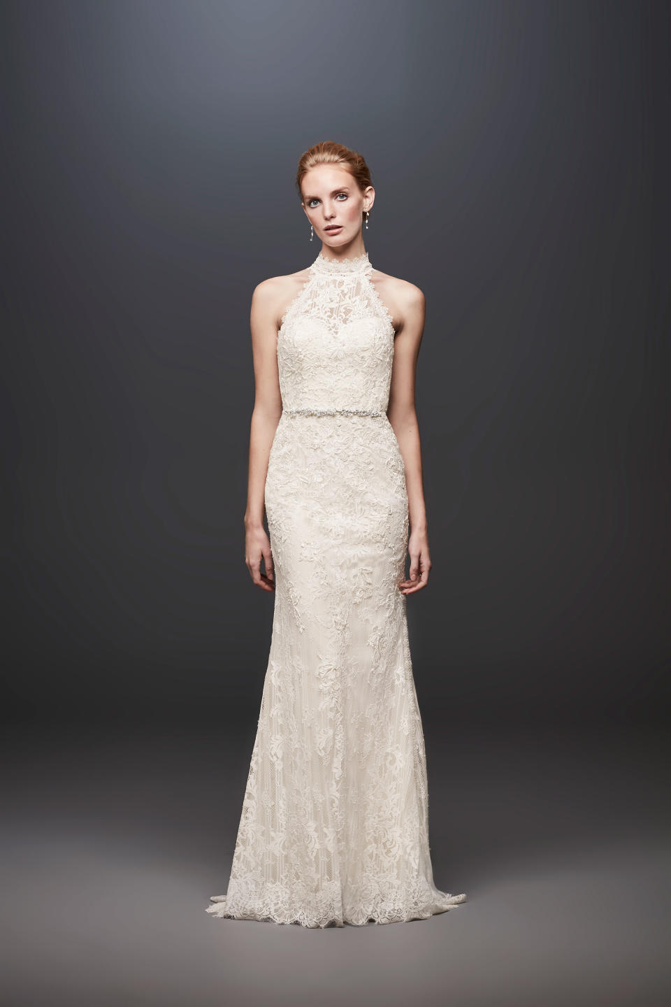 Melissa Sweet Lace High-Neck Halter Sheath Wedding Dress (Photo: David’s Bridal)