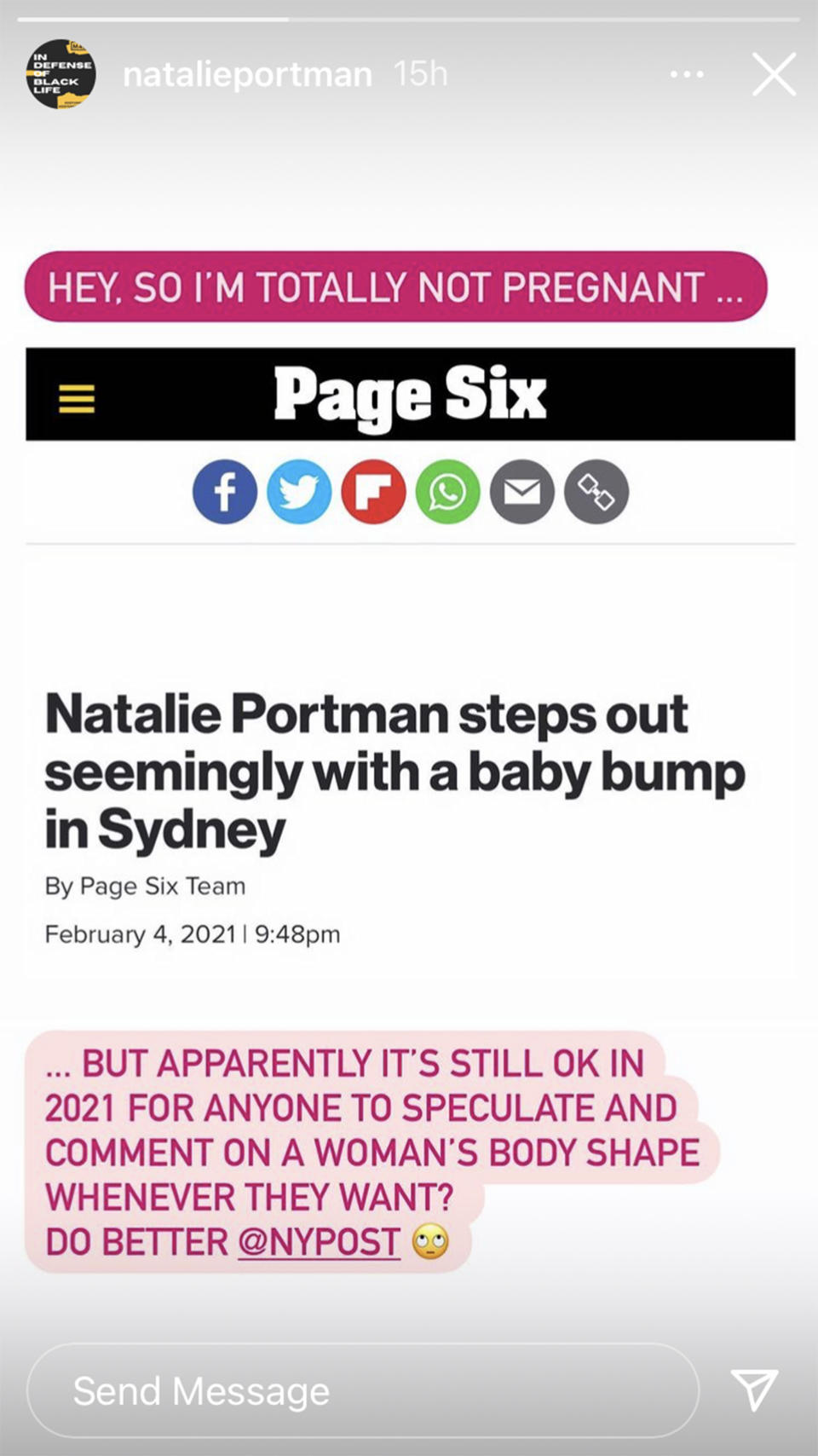 Portman shut down the pregnancy speculation in a statement shared on her Instagram story. (natalieportman / Instagram)