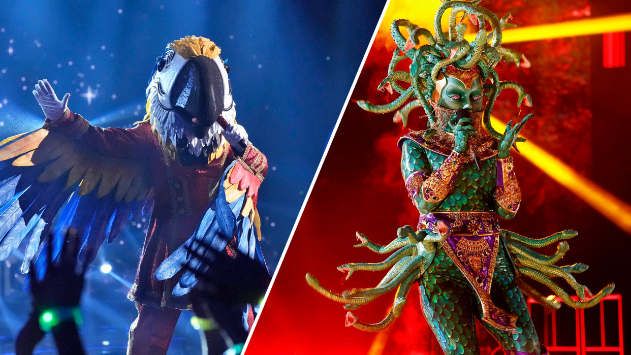 The Macaw and Medusa face off one last time on 'The Masked Singer' Season 9 finale. (Photos: Michael Becker/Fox)