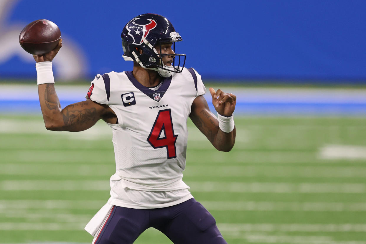 DETROIT, MICHIGAN - NOVEMBER 26: Deshaun Watson #4 of the Houston Texans looks to pass during the first half against the Detroit Lions at Ford Field on November 26, 2020 in Detroit, Michigan. (Photo by Gregory Shamus/Getty Images)