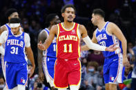 Atlanta Hawks' Trae Young reacts after a foul call during the first half of an NBA basketball game against the Philadelphia 76ers, Saturday, Oct. 30, 2021, in Philadelphia. (AP Photo/Matt Slocum)