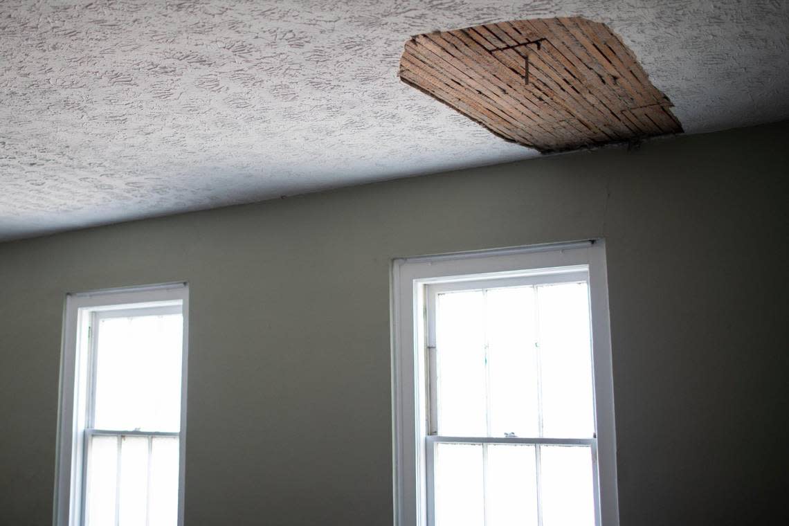Small sections of the plaster ceiling of Woodland Christian Church have fallen from age. The church is planning a partnership with Winterwood Incorporated to create affordable elder apartments and renovate the 100-year-old building.
