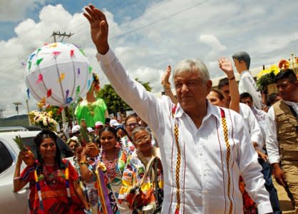 Mexico's presidential front-runner Andres Manuel Lopez Obrador of the National Regeneration Movement (MORENA) greets supporters in Oaxaca, Mexico June 16, 2018. REUTERS/Jorge Luis Plata
