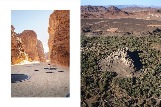 <p>Kevin West</p> From left: Saudi artist Manal Aldowayan’s Now You See Me, Now You Don’t, a series of trampolines, was commissioned for the 2020 edition of Desert X AlUla; the oasis of Khaybar, as seen on a helicopter flight from AlUla.