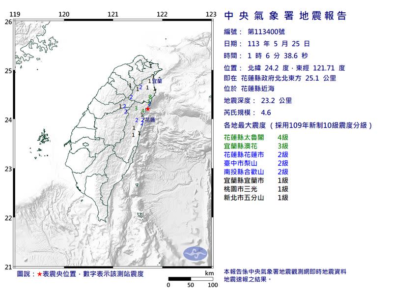 深夜1時6分左右，花蓮近海發生規模4.6有感地震。（圖／翻攝自中央氣象署）