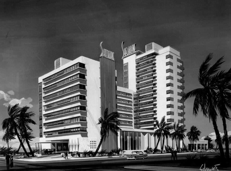 Morris Lapidus renovated the Shelborne South Beach in the 1950s and added an extension facing Collins Avenue. At the time it took the 103-room hotel and added another 152 rooms to attract snow birds. Above: A rendering of the expansion plans from the Miami Herald archives.