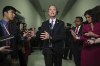 Chairman Rep. Adam Schiff, D-Calif., talks to the media after Acting Director of National Intelligence Joseph Maguire testified before the House Intelligence Committee on Capitol Hill in Washington, Thursday, Sept. 26, 2019. (AP Photo/Andrew Harnik)