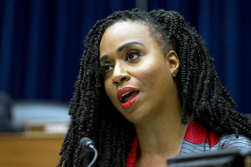 Rep. Ayanna Pressley, D-Mass. speaks during the House Oversight subcommittee hearing on deportation of critically ill children at Capitol Hill in Washington, on Wednesday, Oct. 30, 2019. (AP Photo/Jose Luis Magana)