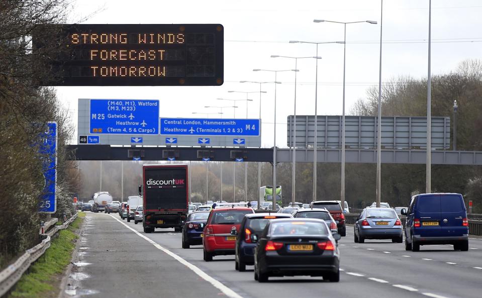 A matrix sign warns motorists on the M4 motorway about high winds expected on Easter Monday, as Storm Katie is set to bring high winds to coastal regions for the rest of the Easter weekend.