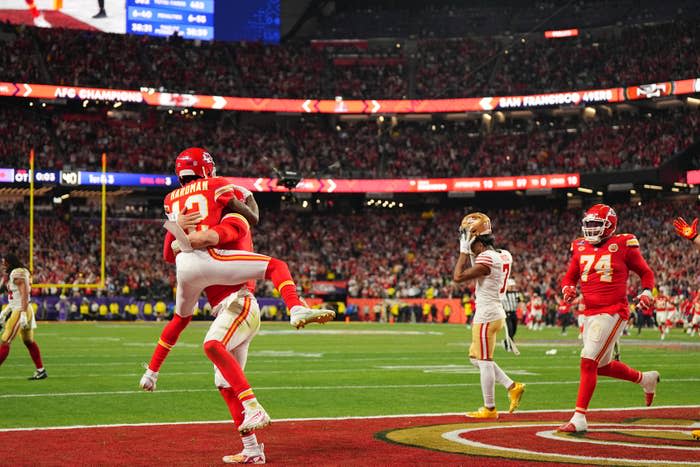 Two Chiefs players embracing at the end from the "Super Bowl"