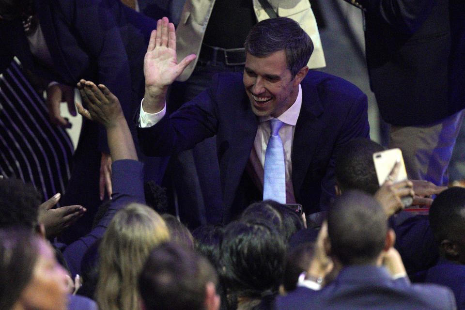 Democratic presidential candidate former Texas Rep. Beto O'Rourke greets supporters Thursday, Sept. 12, 2019, after a Democratic presidential primary debate hosted by ABC at Texas Southern University in Houston. (AP Photo/David J. Phillip)