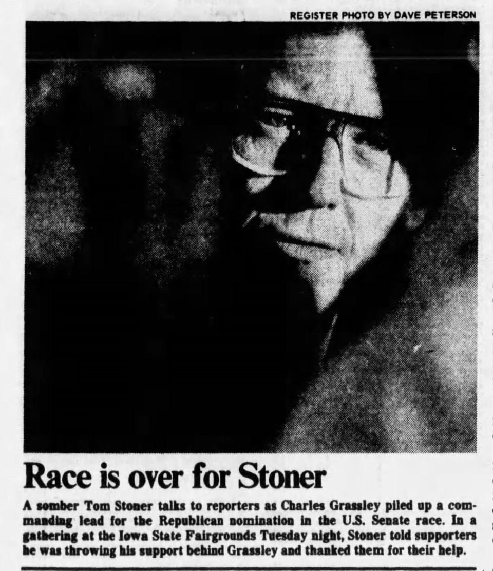 A somber Tom Stoner talks to reporters as Charles Grassley piled up a commanding lead for the Republican nomination in the U.S. Senate race. In a gathering at the Iowa State Fairgrounds, Stoner told supporters he was throwing his support behind Grassley and thanked them for their help.