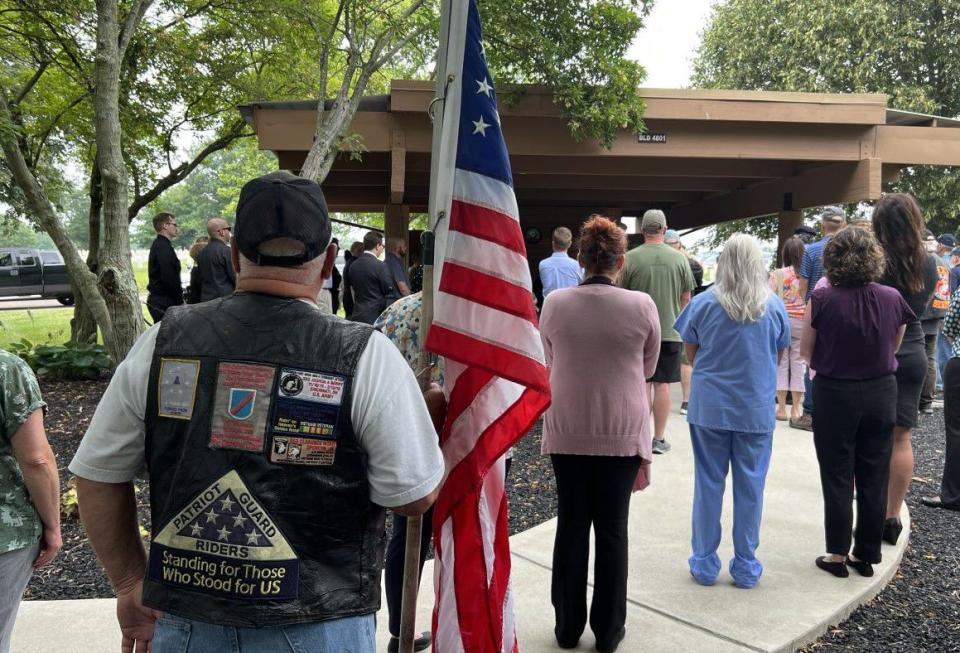 Dozens of people attended the funeral of local Marine veteran James Brooks at the Dayton National Cemetery Thursday. Brooks died at the Dayton VA recently, but had no known family members. (Xavier Hershovitz/Staff)