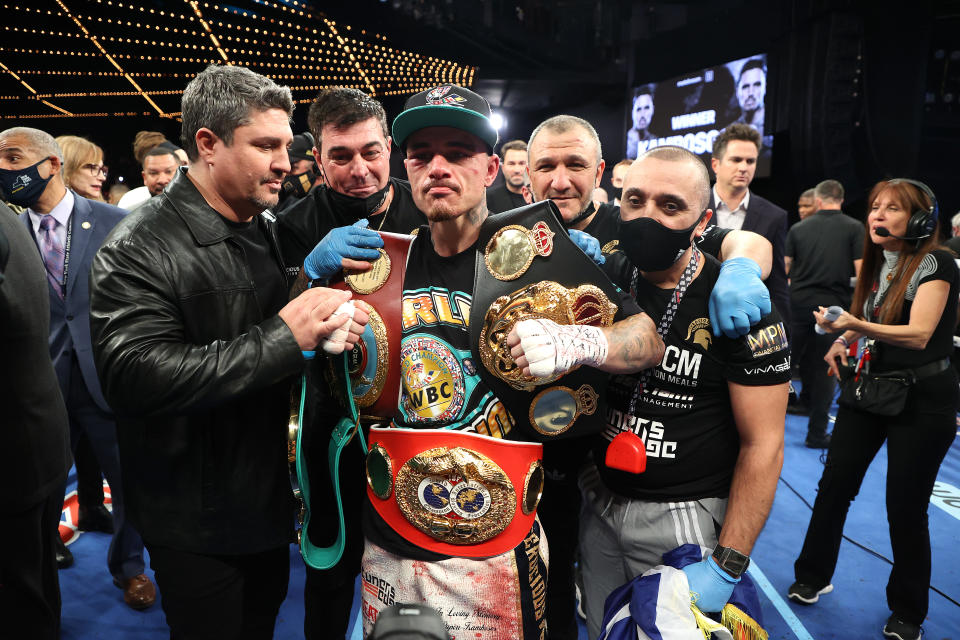 George Kambosos celebrates his split decision win against Teofimo Lopez