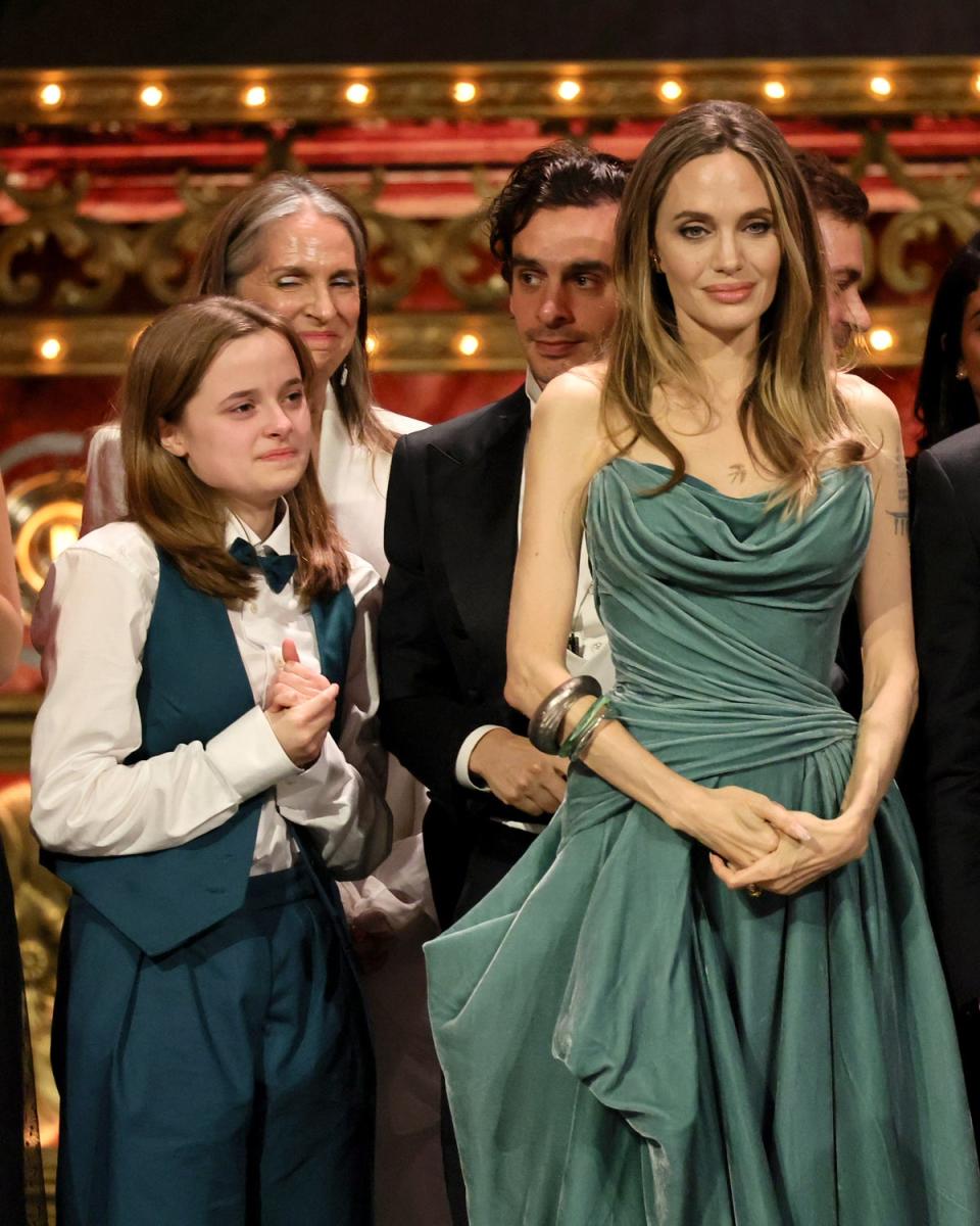 Jolie pictured with her daughter Vivienne, 15, on stage as her production The Outsiders scored four awards (Getty Images for Tony Awards Pro)