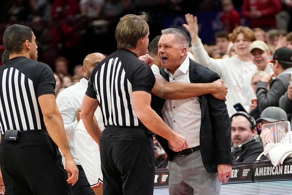 Feb 2, 2023; Columbus, OH, USA; Ohio State Buckeyes head coach Chris Holtmann yells at the referees after being ejected from the game during the first half of the NCAA men’s basketball game against the Wisconsin Badgers at Value City Arena. Mandatory Credit: Adam Cairns-The Columbus Dispatch