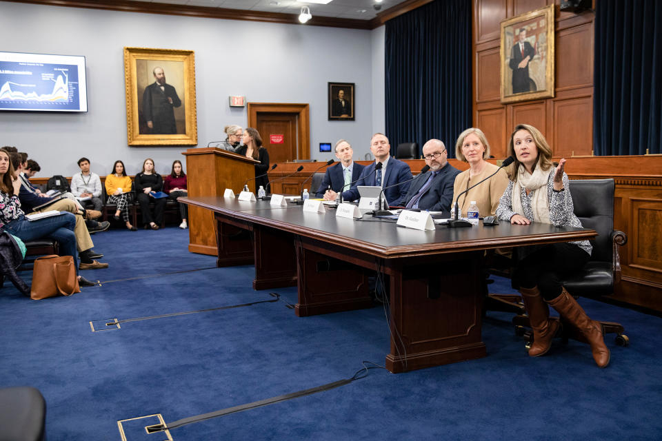 Lauren Gardner speaks about the COVID-19 outbreak map dashboard she created with assistance of research students, during a briefing from Johns Hopkins University on Capitol Hill in Washington, D.C., on March 6, 2020.<span class="copyright">Samuel Corum—Getty Images</span>
