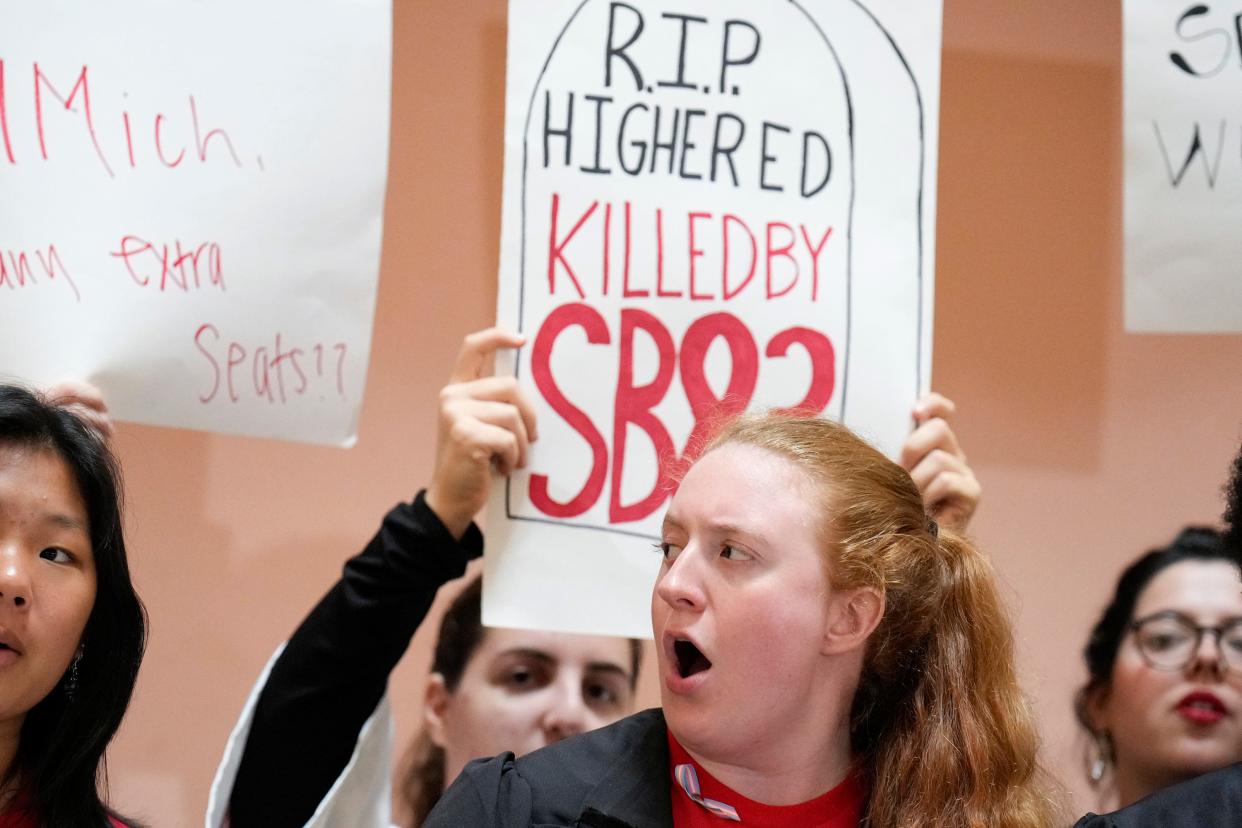 Students practice protest chants in opposition to Senate Bill 83 at the Ohio Statehouse. Senate Bill 83 is a higher education bill and would substantially alter how college campuses function with changes to collective bargaining agreements, diversity equity and inclusion policies and programs, and policies about controversial beliefs, among others.