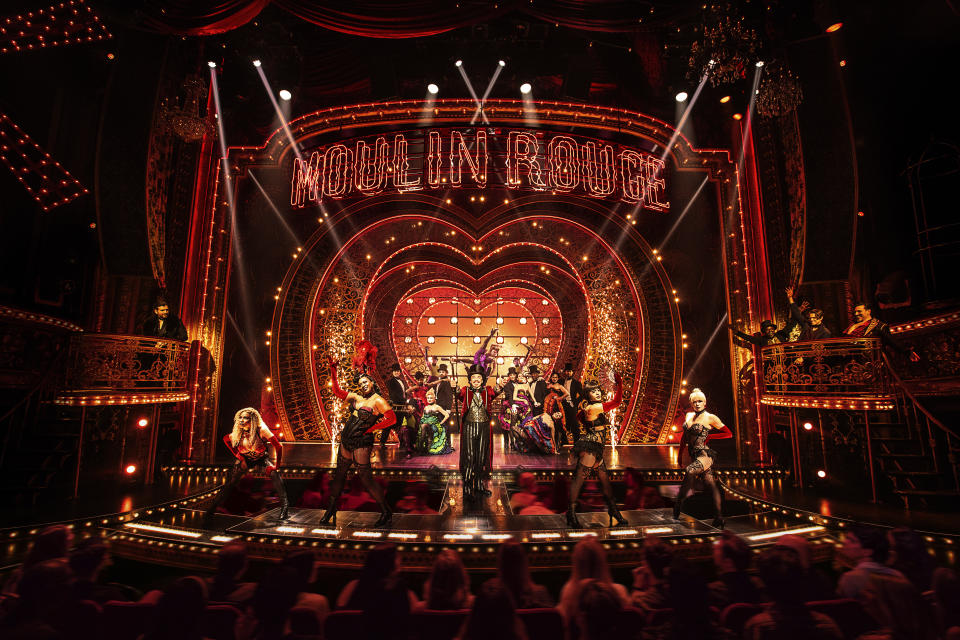 This image released by Boneau/Bryan-Brown shows the cast in "Moulin Rouge! The Musical." (Matthew Murphy/Boneau/Bryan-Brown via AP)