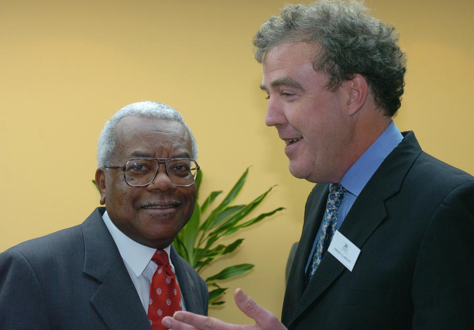 Broadcaster Sir Trevor McDonald and TV presenter Jeremy Clarkson in conversation during a visit by Britain's Queen Elizabeth II to Douglas House, a respite care home for young people with life-limiting genetic conditions, Oxford. The Queen toured the home and looked at various facilities including the spa room, sensory room and music room before officially opening the house with a plaque unveiling. 